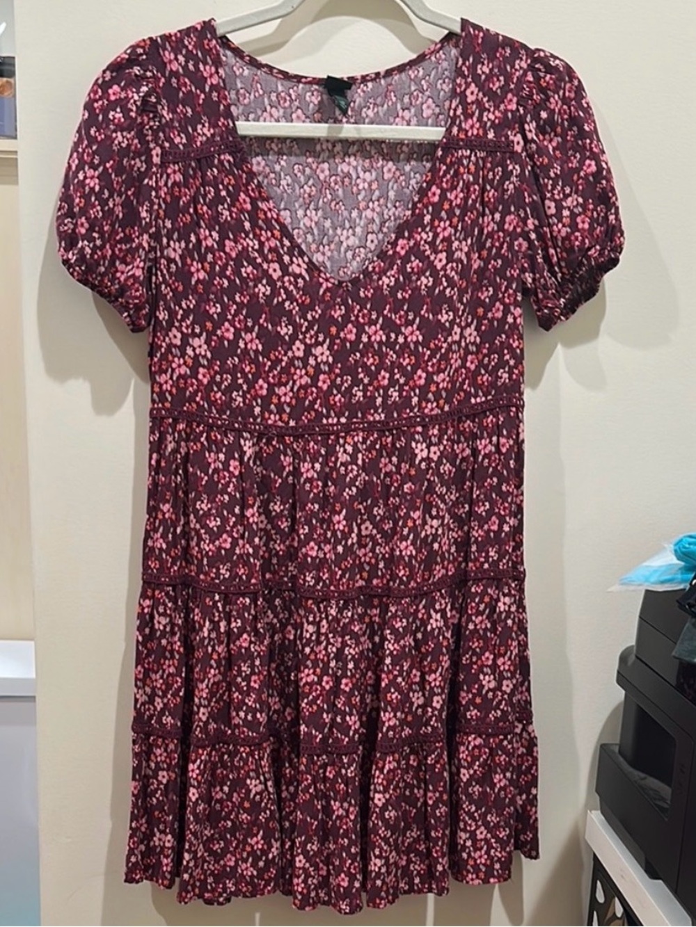 Wild Fable Women's Burgundy Floral V-Neck Tiered Dress